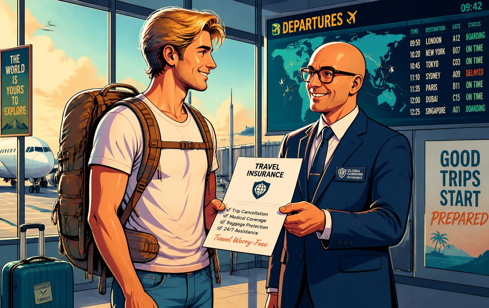 Junger Backpacker und Berater am Flughafen im Cel-Shading-Stil