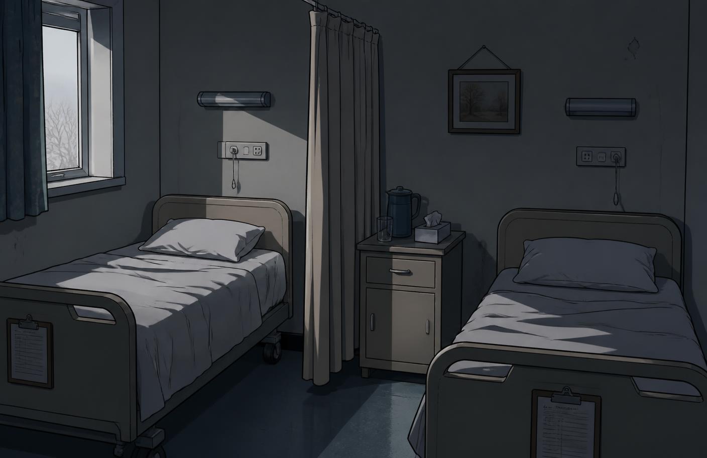 Karges Doppelzimmer in einem Pflegeheim mit Trennvorhang – Cel-Shading-Illustration
