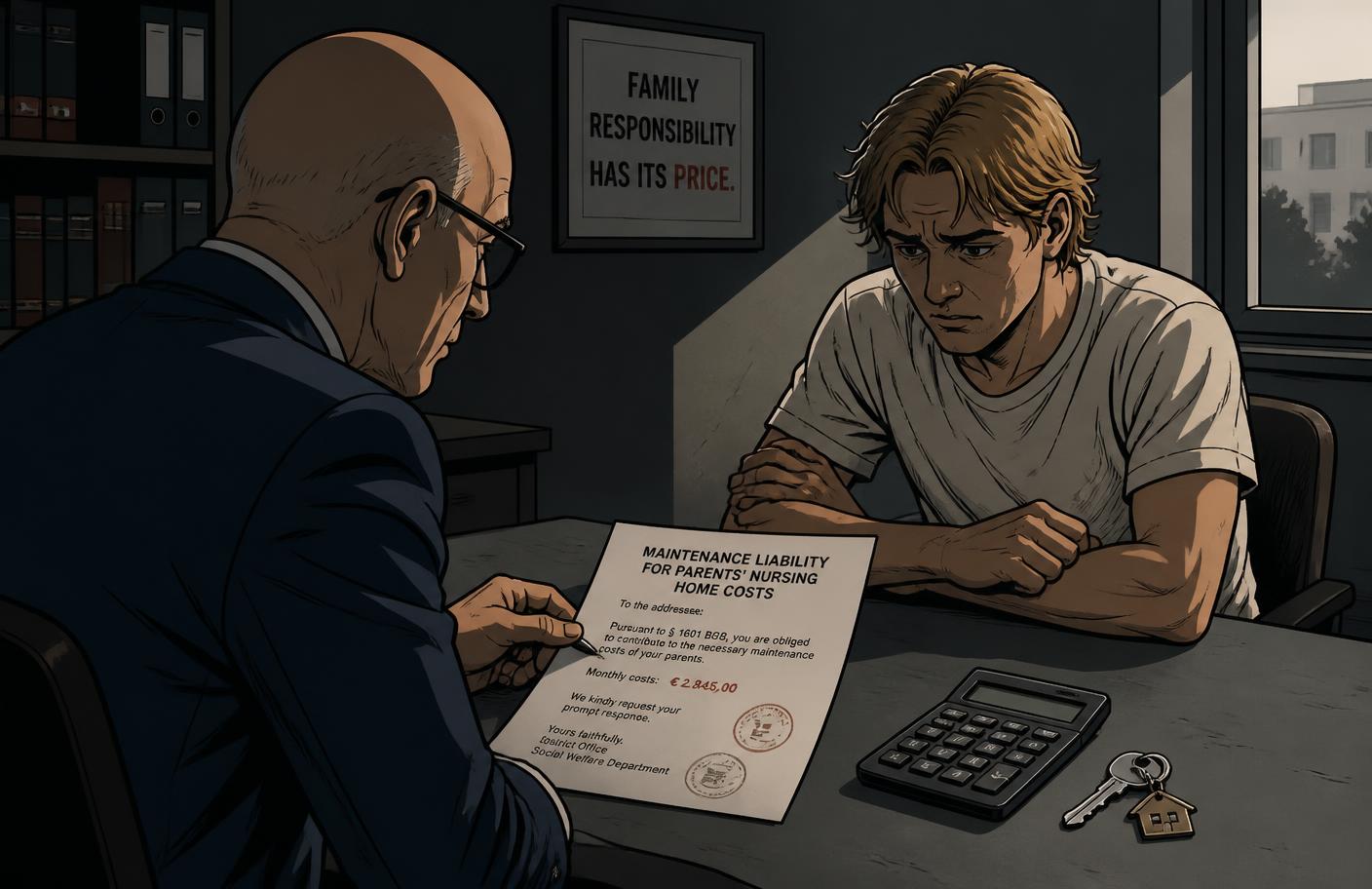 Herr Müller und Marvin sprechen über den Elternunterhalt – Kinder können in Haftung genommen werden (Cel-Shading-Illustration)