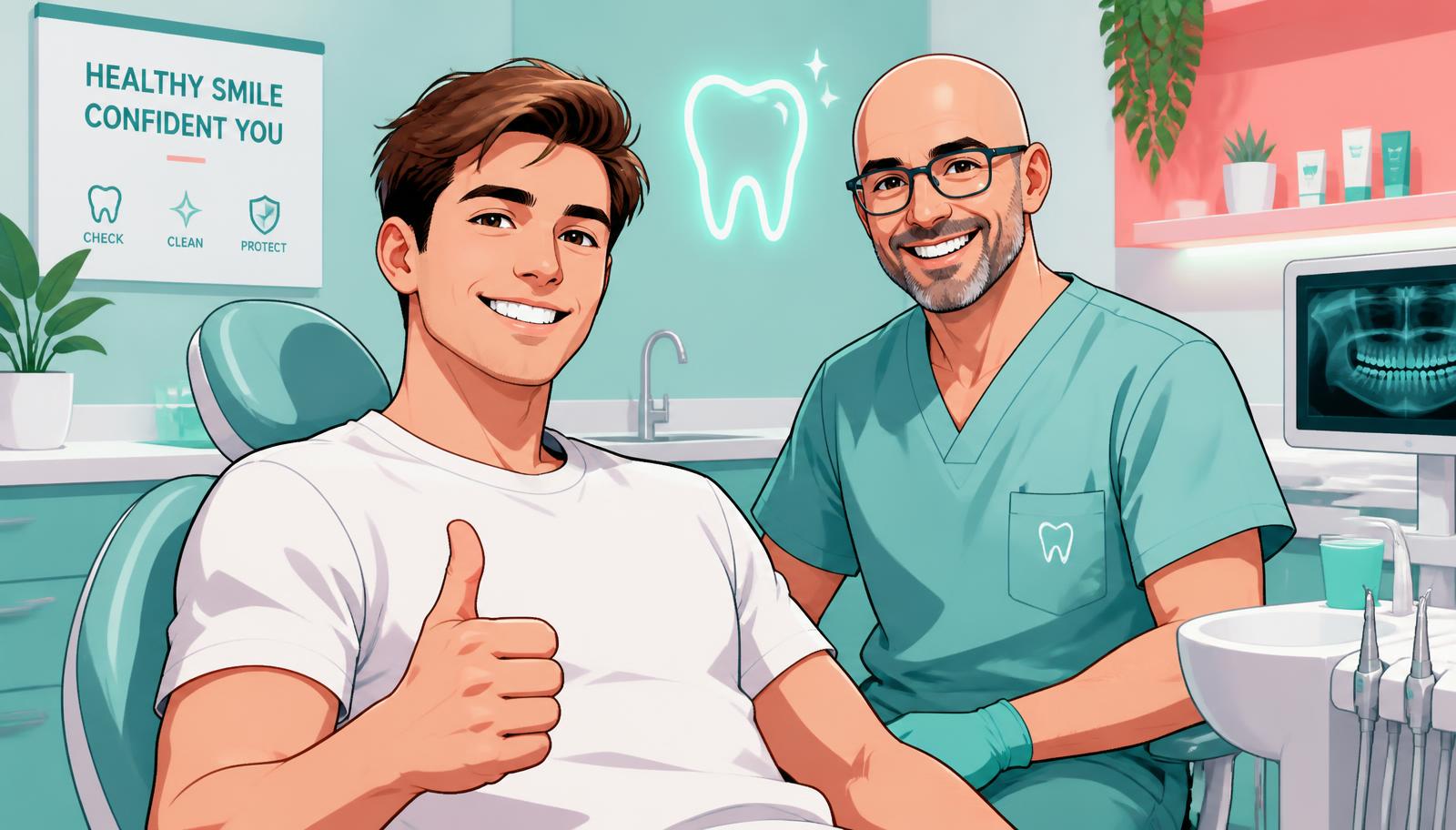 Junger Patient und Zahnarzt im Cel-Shading-Stil in einer modernen Praxis