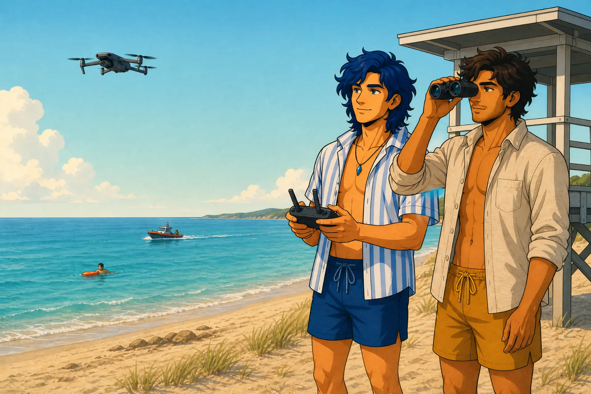Lian und Rian steuern eine Drohne am Strand