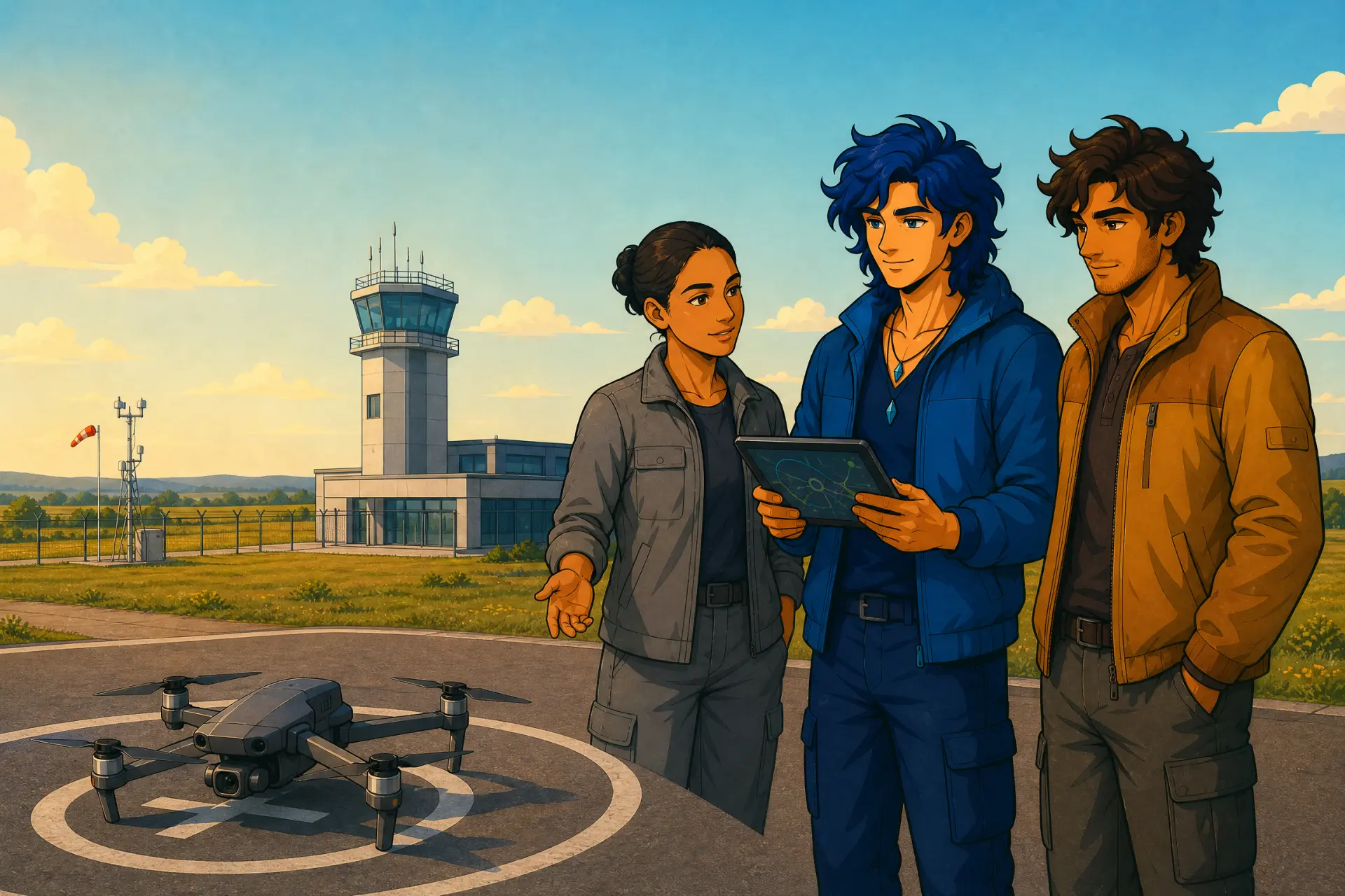 Lian und Rian mit Drohne auf einem Startplatz am Flugplatz