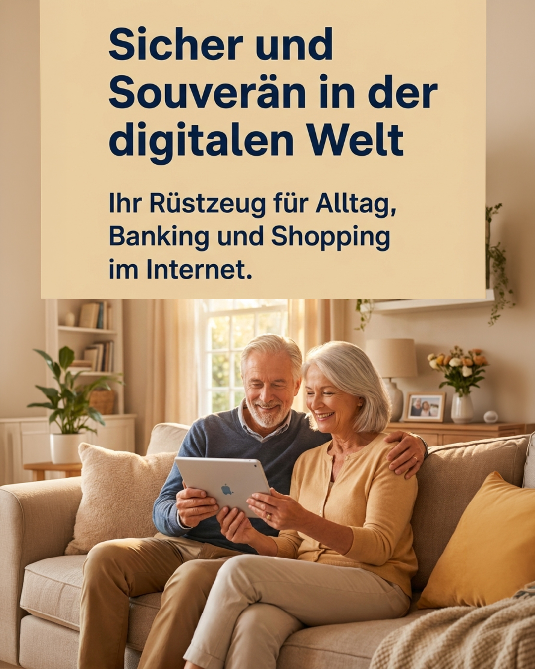 Älteres Ehepaar nutzt entspannt ein Tablet auf dem Sofa