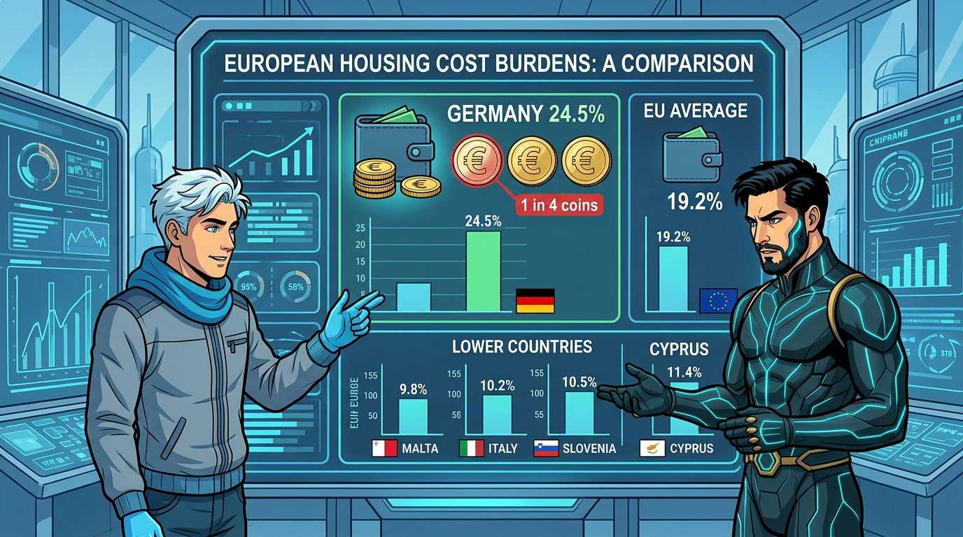 Kael und Zorin vergleichen die Wohnkostenbelastung in Europa an einem großen Datenschirm