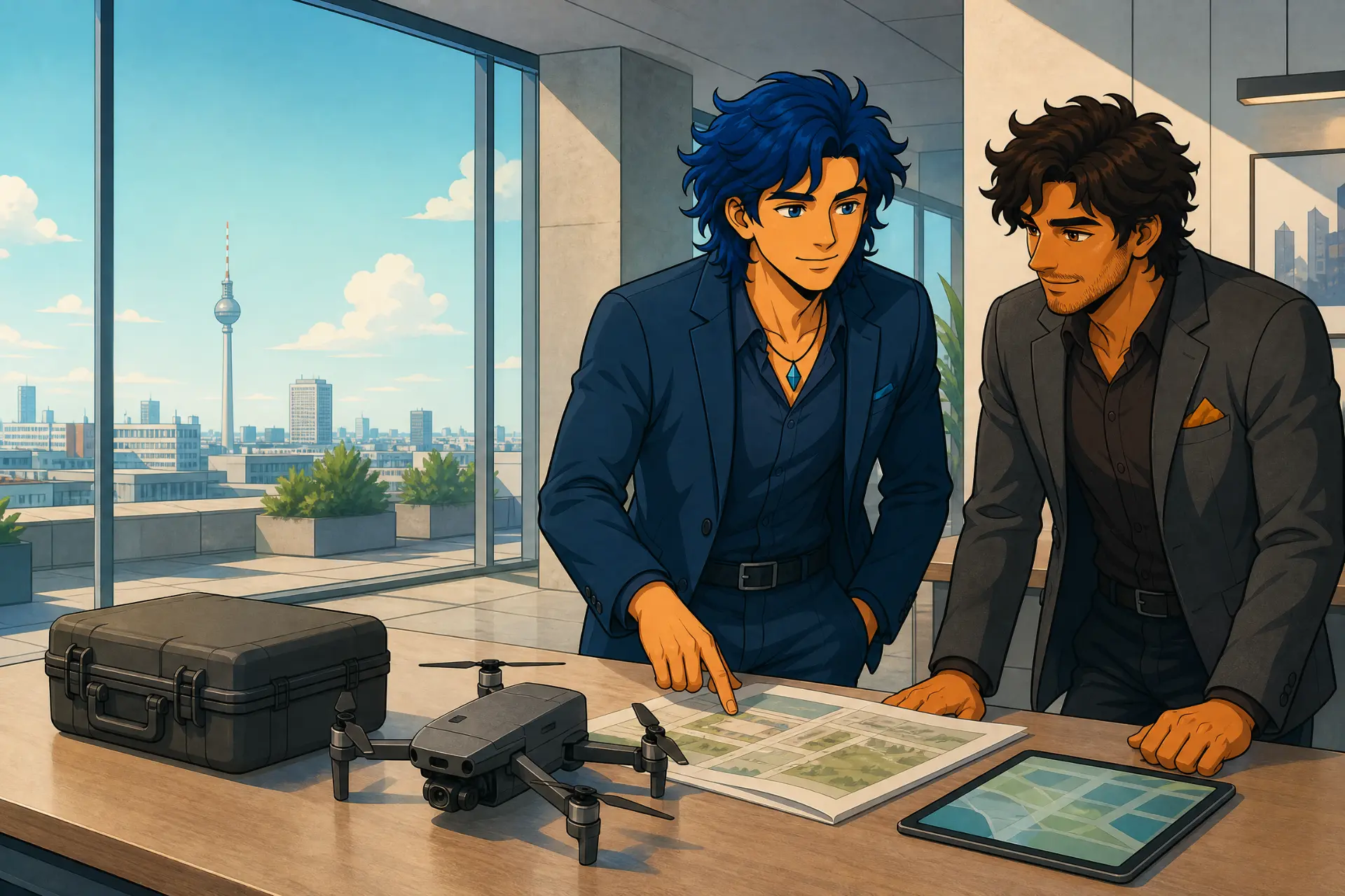 Lian und Rian im Businesslook planen im Besprechungsraum einen Drohnenflug anhand von Karten und Tablet