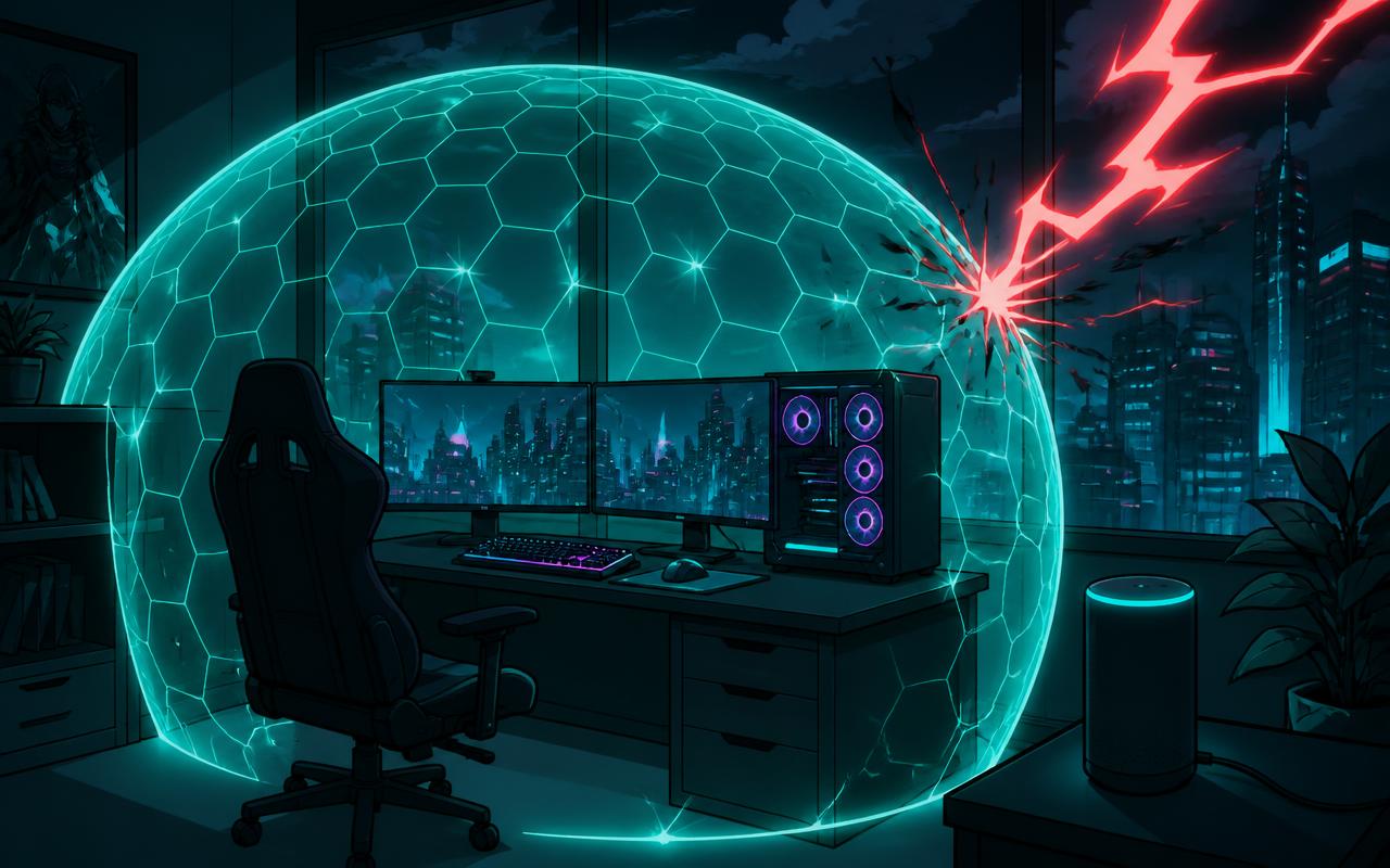 Gaming-Setup unter einem türkisen Schutzschild, ein roter Blitz wird abgewehrt