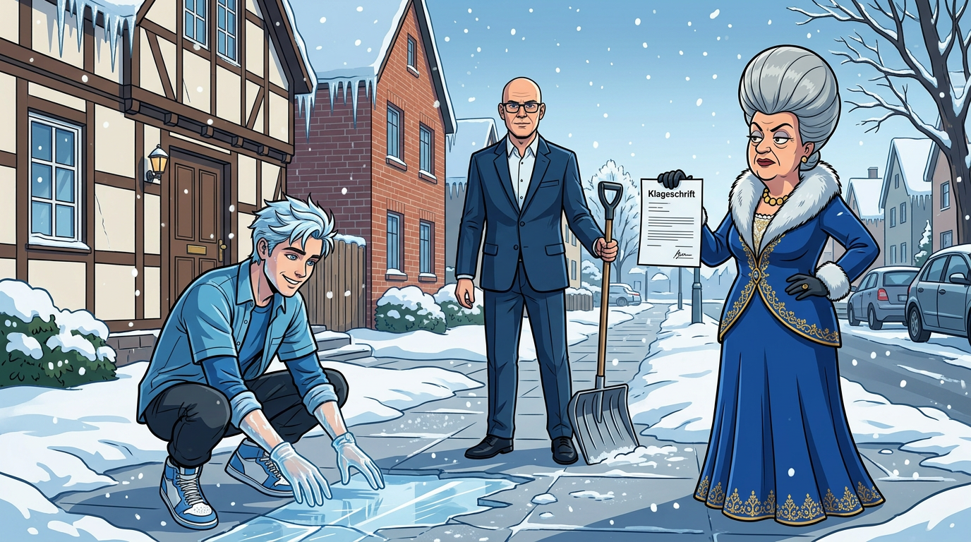 Kael prüft das Glatteis, Michael Schmidt im blauen Anzug mit Schneeschaufel und die Contessa mit Klageschrift auf einem verschneiten Gehweg